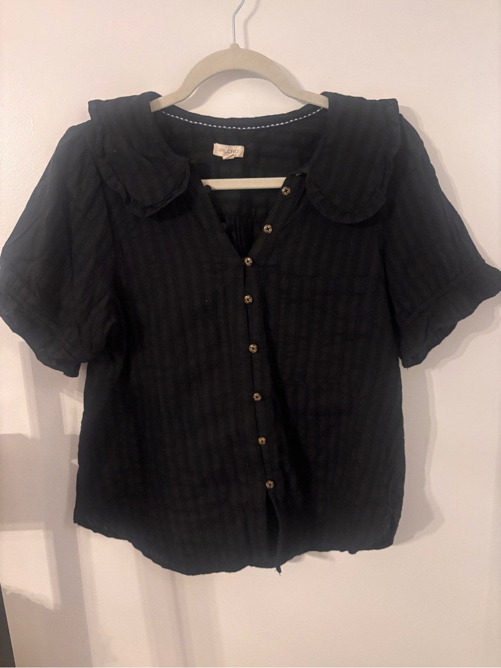 Anthropologie Pilcro Black Button-Front Top with Rounded Collar